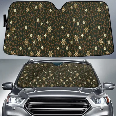 Plumeria Flower Over Brown Tropical Leaves Pattern Car Sun Shades Cover Auto Windshield PrintSyde