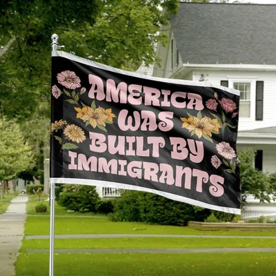 Horizontal House Flag, America Was Built By Immigrants Retro Floral Statement Horizontal House Flag
