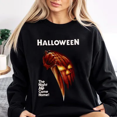 Men'S Halloween Graphic Sweatshirt Spooky Pumpkin Knife Design With Bold Red Text Black Casual