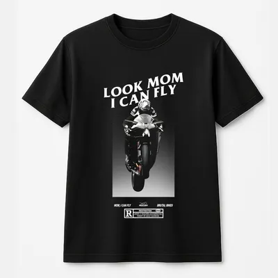 Look Mom I Can Fly T-Shirt – Motorcycle Wheelie Action Graphic With Bold Caption, Perfect For Adrenaline Junkies