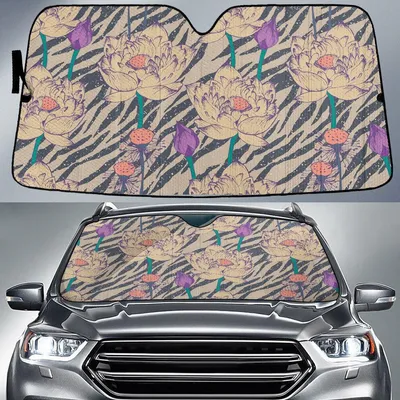 White Lotus Flower At Lake Zebra Skin Texture Car Sun Shades Cover Auto Windshield PrintSyde