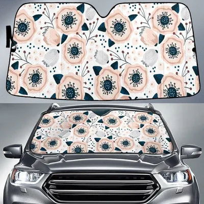 Beige Brown Hawaiian Hibiscus Flower Blue Dot Pattern Car Sun Shades Cover Auto Windshield PrintSyde