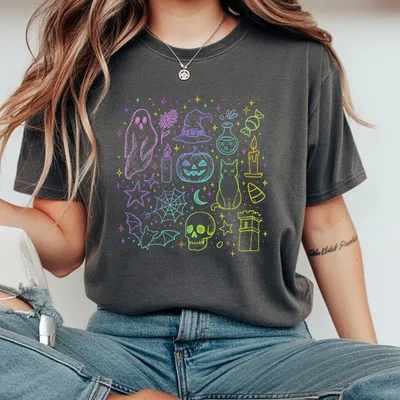 Halloween Neon T-Shirt Cute Boo Ghost Coquette T-Shirt Spooky Season T-Shirt Horror Movie T-Shirt Vintage T-Shirt Women