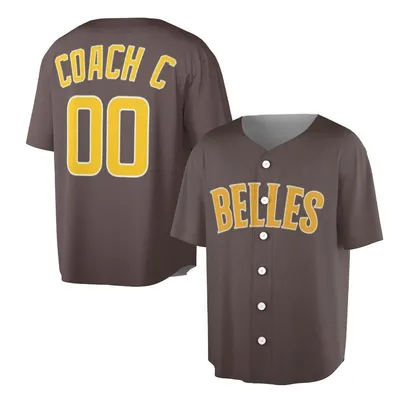 Belles Baseball Jersey, Personalized Coach C 00 Uniform, Team Sports Fan Gear, Adult Unisex Brown Yellow Baseball Jersey