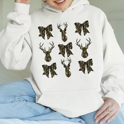 Deer Hunt Camo Coquette Bow Hoodie Old School Camo Hoodie Girls Camo Bow Hoodie Huting Coquette Bow Camo Hoodie Unisex