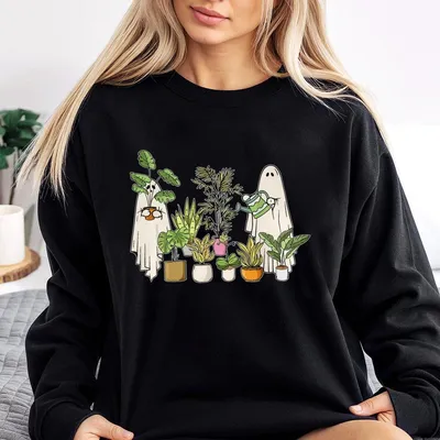 Plant Lover Ghost Sweatshirt For Halloween Cute Gardening Graphic With Houseplants Cozy Unisex Fall