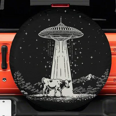 Funny Ufo Cow Abduction Spare Tire Cover, Alien And Cow Design, Unique Off-Road Wheel Cover, Cute And Humorous Car Accessories Spare Tire Cover