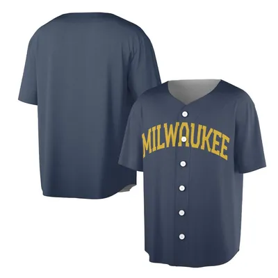 Milwaukee Baseball Jersey, Navy And Gold Baseball Jersey, Classic Sports Team Top, Retro Athletic Streetwear