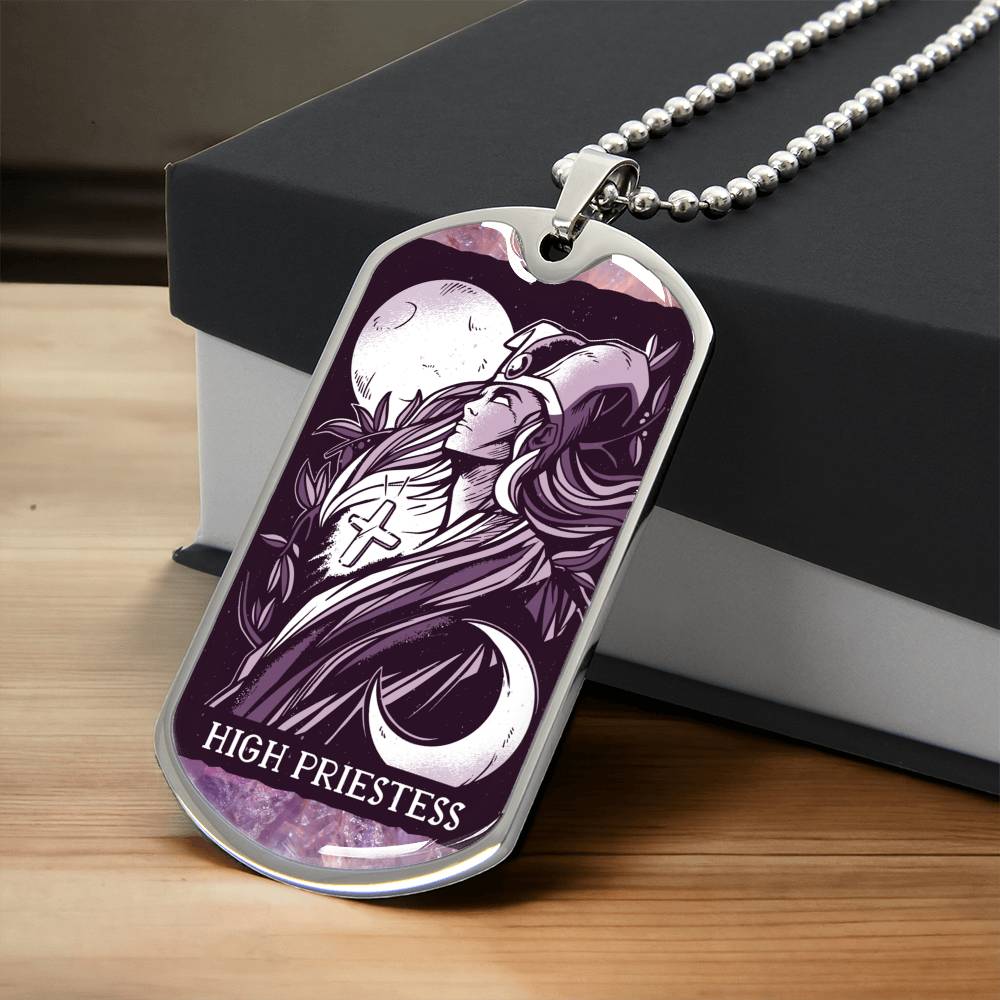 Tarot Card Necklace. Silver Or Gold. For Wiccans, Astrology, Zodiac, Spiritual, Best Friend. Boho. High Priestess Card - Army Tag Necklace, Dog Tag