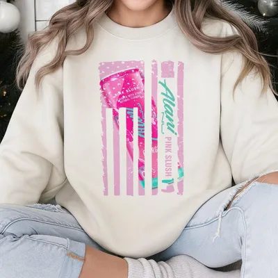 Alani Pink Slush Sweatshirt, Fun Soda Can Graphic, Distressed Flag Print, Bold Drink Sweatshirt, Trendy Streetwear, Unisex Men