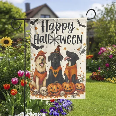 Cute Dog Halloween Flag, Pumpkin And Bat Design, Outdoor Garden Decoration Gift Vertical Garden Flag