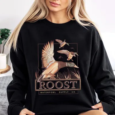 Roost Wf Hunting Sweatshirt , Flying Duck With Camo Background, Menswear Graphic Sweatshirt For Outdoor Sports And Hunting, Gift For Women For Men