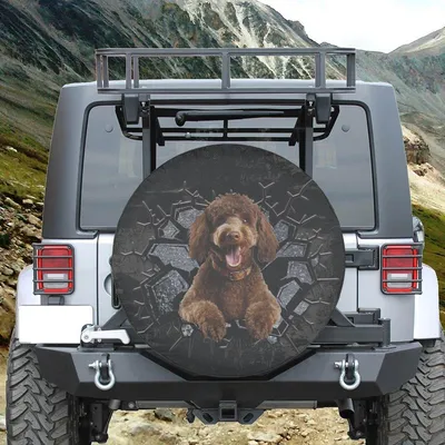 Brown Poodle Cracking Through Spare Tire Cover - Peeking Dog Breed Pet Lover Art, Funny Grunge Texture Graphic, Universal Waterproof Tire Protector Spare Tire Cover