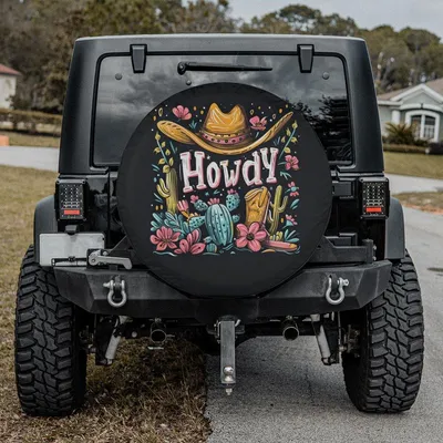 Western Cowgirl Hat Spare Tire Cover, Desert Floral Cactus Design, Cute Country Style, Waterproof Vinyl Wheel Protector Spare Tire Cover