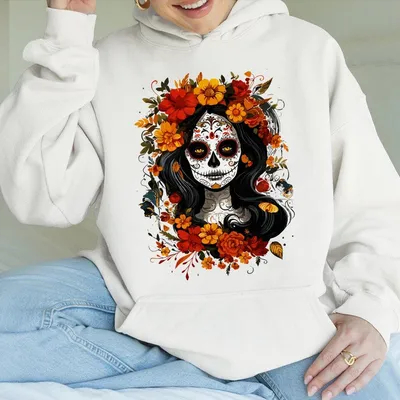 De Los Muer La Catrina Day Of The Dead Sugar Skull Women Hoodie Vintage Graphic Printed Hoodie Cotton Unisex