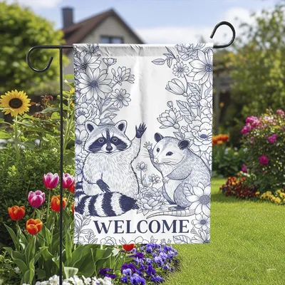 Chinoiserie Raccoon And Possum Garden Flag, Welcome Yard Decor, Blue And White Animal Flag, Cute Woodland Outdoor Vertical Garden Flag