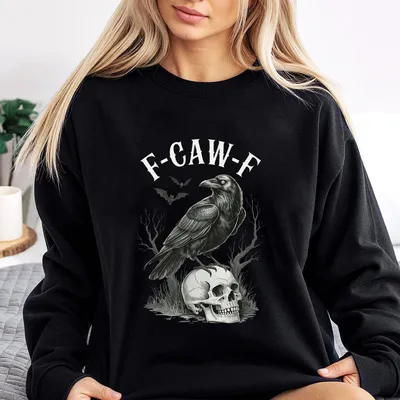 F Caw F Sweatshirt With Black Crow Skull Print Gothic Streetwear Style Cool Men And Women Casual Daily