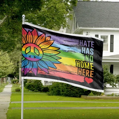 Peace & Love Sunflower Banner, Brushstroke Rainbow Flag, Lgbtq+ Allyship Outdoor Sign Horizontal House Flag