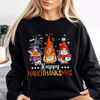 Hallothanksmas Gnome Sweatshirt Funny Halloween Thanksgiving Christmas Holiday Sweatshirt Cute Cozy Fall Winter