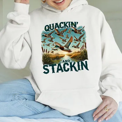 Quackin And Stackin Hoodie Wild Duck Flock In Nature Scene With Retro Graphic Perfect For Outdoor Wear And Hunting Trip