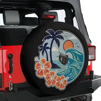 Tropical Beach Spare Tire Cover, Palm Tree Hibiscus Ocean Wave Design, Summer Vacation Wheel Protector, Hawaiian Gift Spare Tire Cover