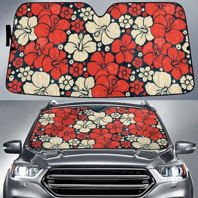 Red And Beige Hawaiian Hibiscus Flower Car Sun Shades Cover Auto Windshield PrintSyde
