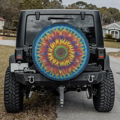 Colorful Mandala Sunflower Spare Tire Cover, Boho Hippie Tie Dye Art Design, Vibrant Floral Pattern Accessory Spare Tire Cover