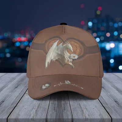 White Dragon Daisy Baseball Cap, Brown Leather Heartbeat Print, Fantasy Dragon Lovers Gift Baseball Cap