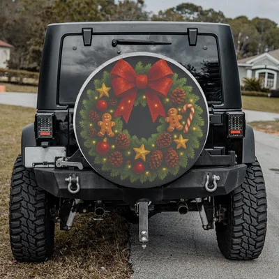 Red Bow Christmas Wreath Spare Tire Cover, Holiday Pine Cone Wheel Protector, Universal Fit, Festive Outdoor Accessory Spare Tire Cover