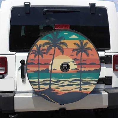 Retro Beach Sunset Palm Trees Spare Tire Cover - Tropical Vintage Vacation Art, California Coast Graphic, Universal Waterproof Tire Protector Spare Tire Cover