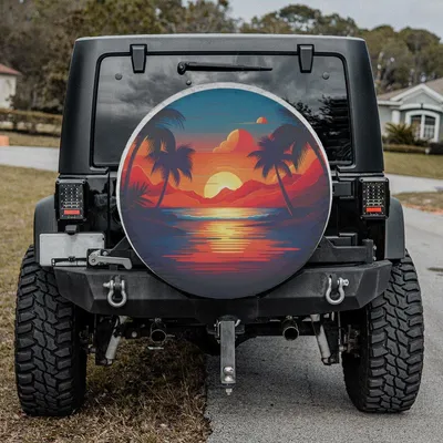 Minimalist Sunset Spare Tire Cover, Palm Trees Beach Hammock Wheel Protector, Retro Stripes Waterproof Vinyl, Universal Spare Tire Cover