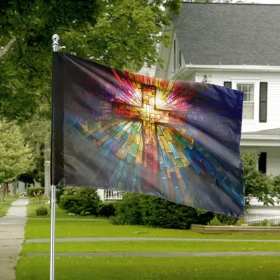 Horizontal House Flag, Christian Religious Stained Glass Cross Mosaic Horizontal House Flag