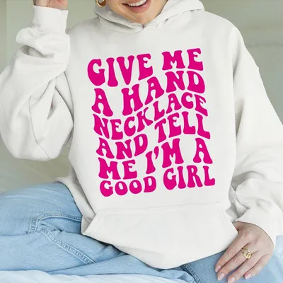 Good Girl Humor Hoodie Retro Black And Pink Graphic Top Give Me A Hand Necklace Print