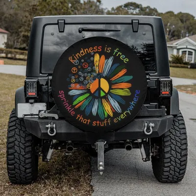 Peace Flower Spare Tire Cover, Kindness Is Free Quote, Hippie Floral Design, Waterproof Vinyl Tire Protector Spare Tire Cover