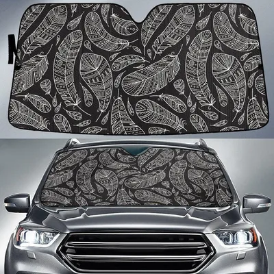Black And White Peacock Feather Tribal Pattern Han Drawing Style Car Sun Shades Cover Auto Winshield PrintSyde