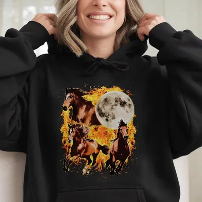Wild Horse Vintage Hoodie Fire Stallion Graphic Hoodie Moonlit Grunge Hoodie For Western Horse Lovers Spirit Animal