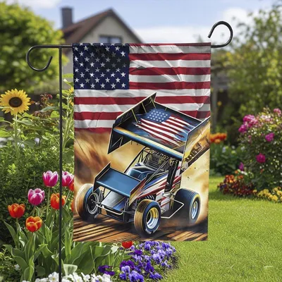 Sprint Car Racing, Dirt Track Racing American Flag, Yard Flag Vertical Garden Flag