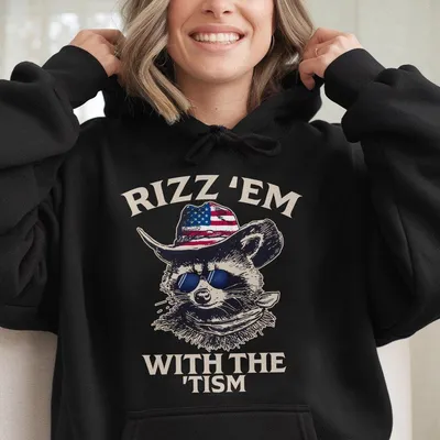 Rizz Em With The Tism Graphic Hoodie Hoodie Hoodie Fun Raccoon Design With Cowboy Hat