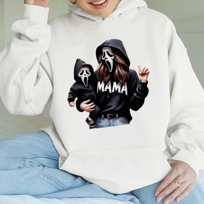 Mama And Kid Scream Mask Hoodie Funny Horror Matching Graphic Cozy Unisex For Halloween Moms Family