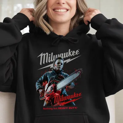 Milwaukee Horror Michaael Myyers With Chainsaw 2 Sided Unisex Hoodie, Halloween Killer Character Graphic Cotton Hoodie, Gift For Men And Women