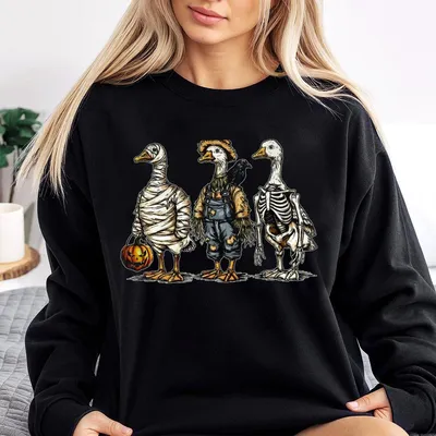 Halloween Goose Youth Sweatshirt – Retro Spooky Goose Graphic Crewneck with Skeleton & Pumpkin