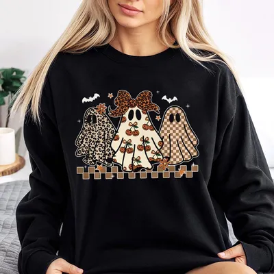 Preppy Halloween Ghost Leopard Sweatshirt, Cute Boo Ghost Coquette, Funny Spooky Season Fall Sweatshirt