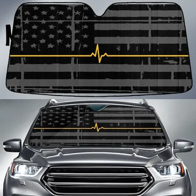Orange Heartbeat Black And Grey American Flag Printed Car Sun Shades Cover Auto Windshield PrintSyde