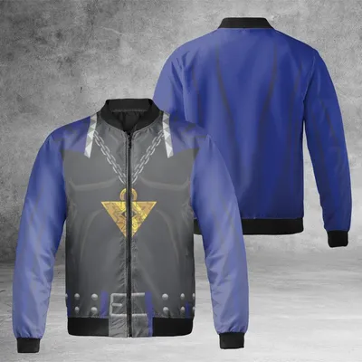 Blue Black Windproof Bomber Jacket, Egyptian Amulet Pendant Design, Anime Fantasy Streetwear Style Bomber Jacket