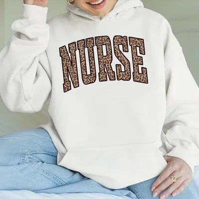 Nurse Leopard Print Letter Hoodie Hoodie Hoodie  Cozy Brown Oversized Pullover For Nurses Nursing Students