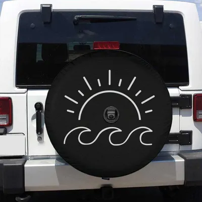 Minimalist Waves And Sun Spare Tire Cover, Beach Vibes Tire Cover, Simple Line Art Coastal Car Accessory Spare Tire Cover