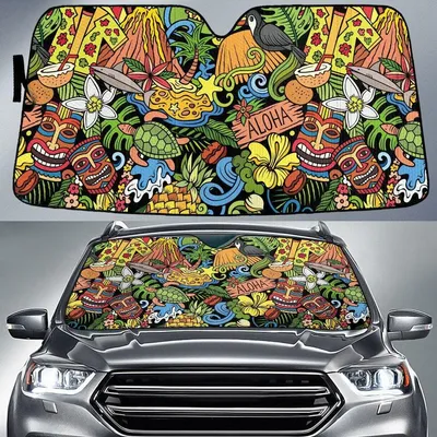 Colorful Aloha Hawaii Island And Stuffs All Over Print Car Sun Shades Cover Auto Windshield PrintSyde