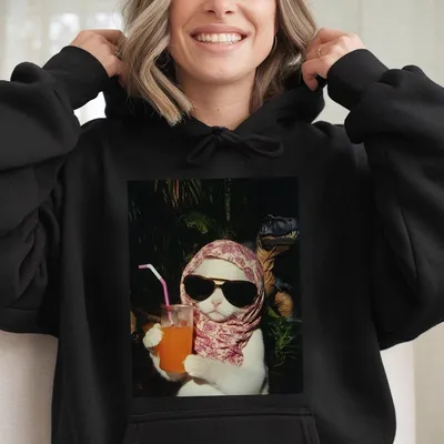Just A Chill Girl Vintage Graphic Hoodie, Cat And Dinosaur Hoodie, Unisex Meme Cringe Funny Dumb Hoodie, Menswear Womenswear Casual