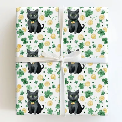 Shamrocks with the Black Cat - Gift Wrap for Christmas, Holidays Wrapping Paper, Christmas Wrapping Paper