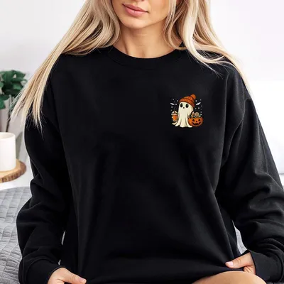 Pocket Ghost Sweatshirt, Pumpkin Latte Sweatshirt, Cute Ghost Sweatshirt, Halloween Gift, Pumpkin Ghost Sweatshirt Cotton Sweatshirt Comfy